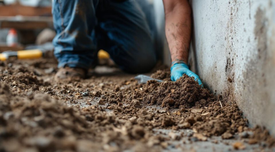 Professional technician inspecting a dark, damp crawl space for mold growth with a bright flashlight
