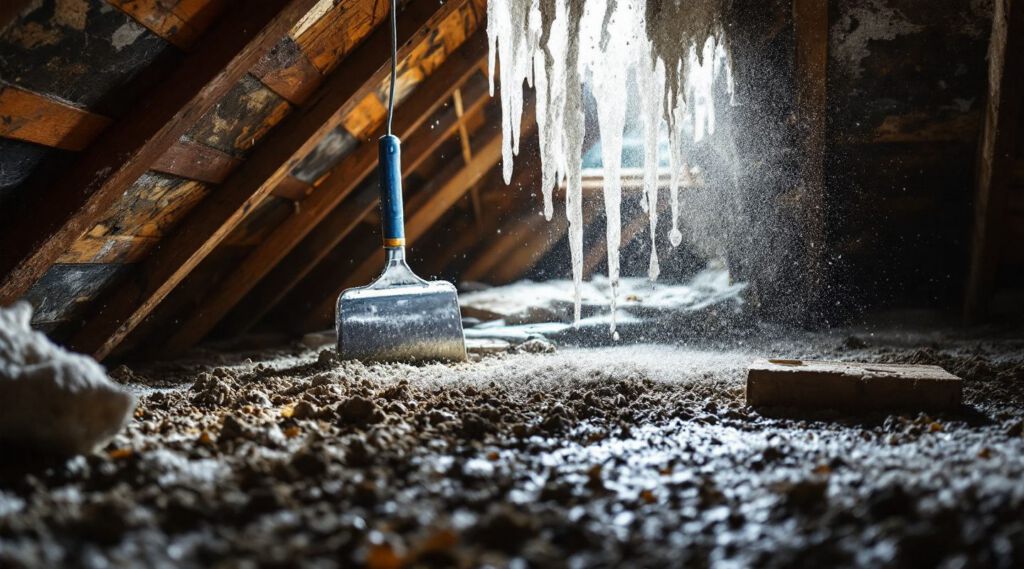 Attic space with visible mold growth on wooden beams and insulation