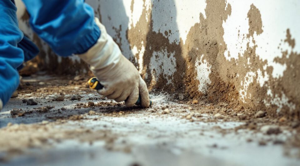 Certified mold remediation technicians inspecting dark, visible mold growth on a wall in a basement.