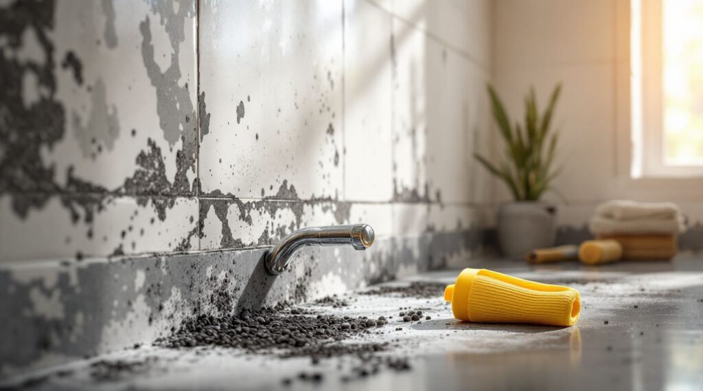 Professional mold remediation technician inspecting a bathroom for mold growth