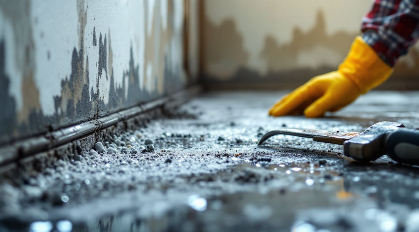 Mold remediation technician in Austin wearing PPE, inspecting a water-damaged wall with visible mold growth