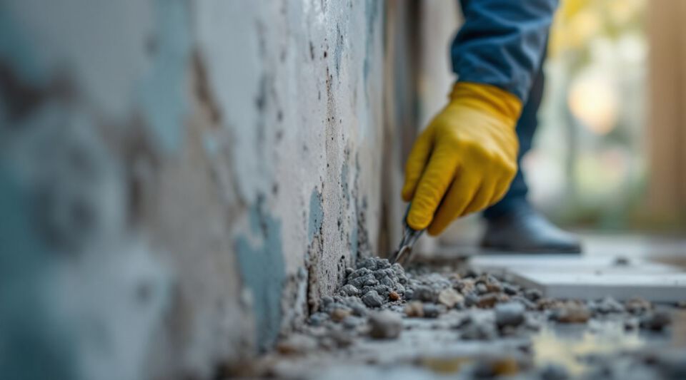 Certified mold remediation technicians inspecting visible mold growth in a residential basement.