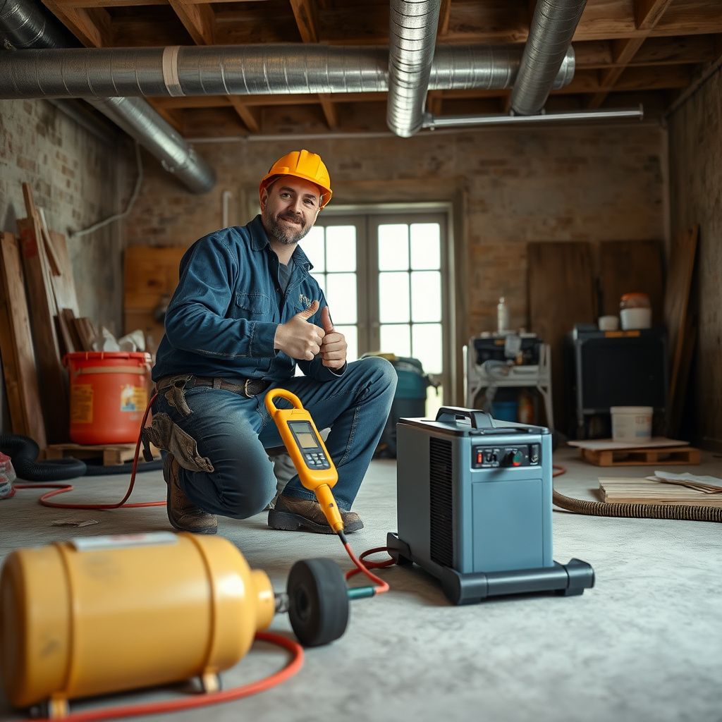 A Tri Peak Mold Removal technician in protective gear carefully removing mold-affected drywall from a Bee Cave residential basement.