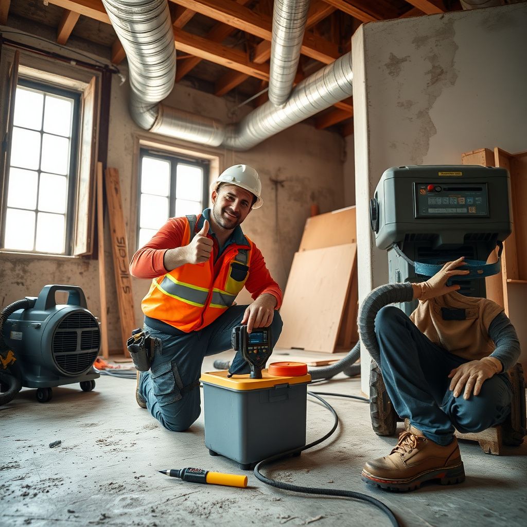 A certified mold remediation technician explaining the process to a Leander homeowner in a clean, post-remediation living room.