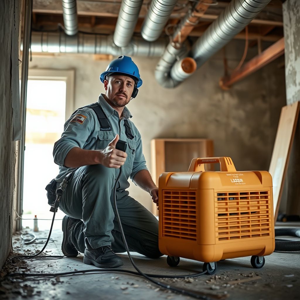 A certified mold remediation technician explaining the process to a homeowner in a clean, restored living room in Buda, Texas, after mold removal.