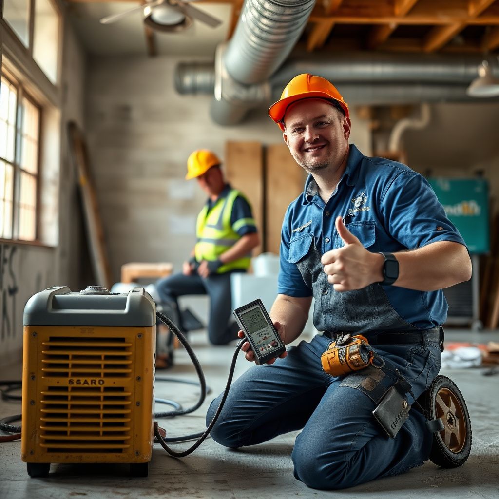 A certified mold remediation technician from Tri Peak Mold Removal performing an air quality test in a residential living room in Round Rock, Texas.