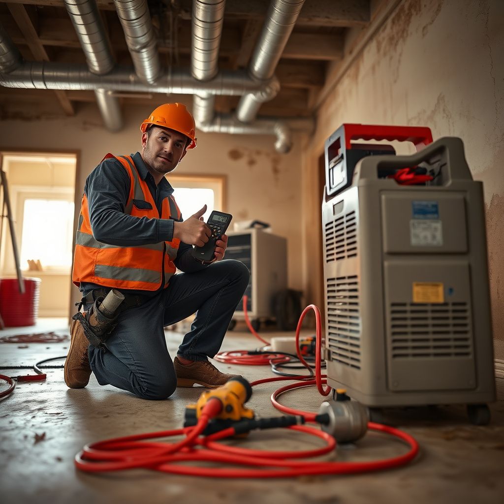 A certified mold remediation technician inspecting a wall in a Georgetown, Texas home with a moisture meter, ensuring thoroughness.