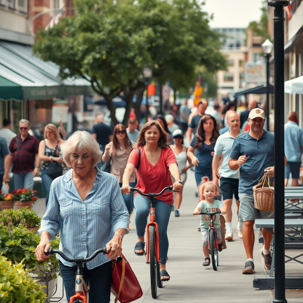 Historic Victorian buildings lining the vibrant Georgetown Square in Georgetown, Texas, with red poppies blooming in planters and people enjoying the atmosphere.