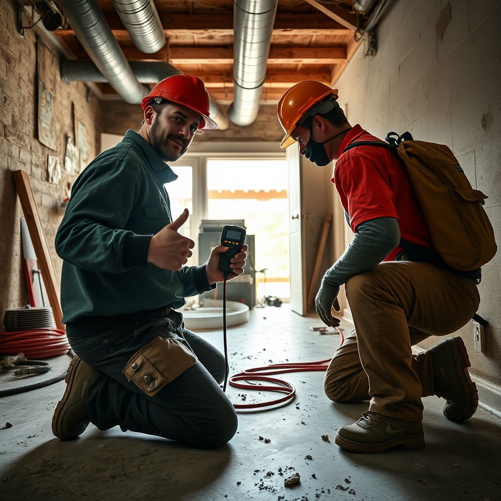 A certified mold remediation technician from Tri Peak Mold Removal inspecting a wall cavity in a Pflugerville home with specialized moisture detection equipment.
