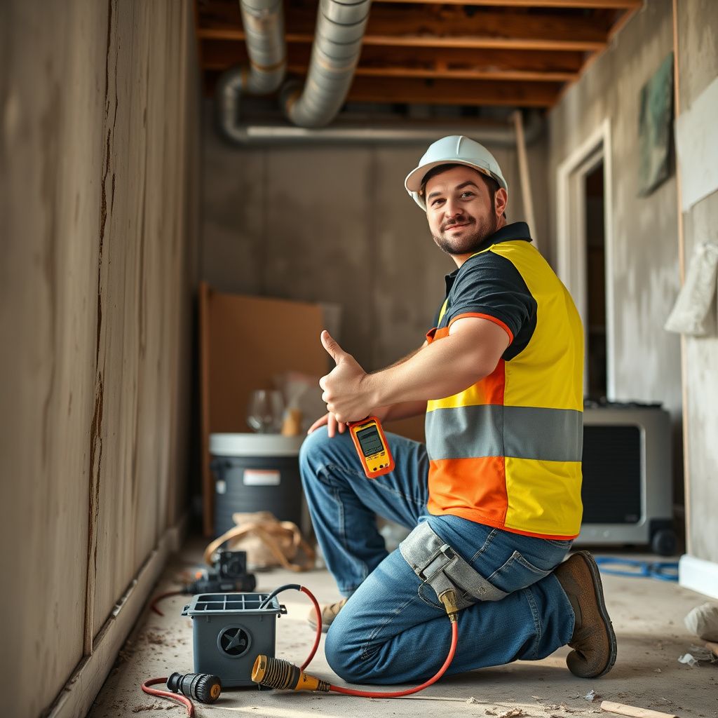 A Tri Peak Mold Removal technician in protective gear explaining the mold remediation process to a Cedar Park homeowner in a clean, restored living room.